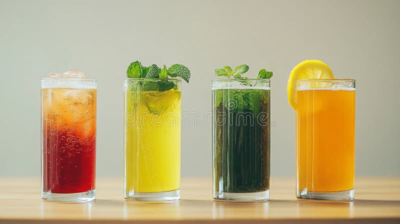 Quattro bevande rinfrescanti di colore con ghiaccio e menta illustrazione di stock