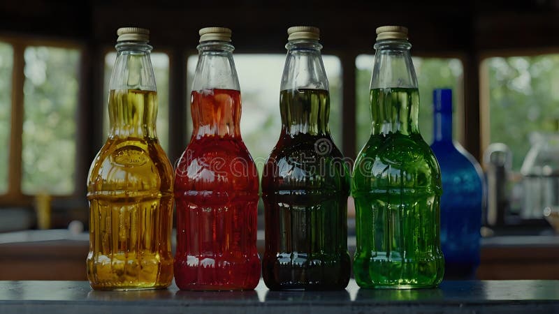 Quattro bottiglie colorate per bevande su un contropiede illustrazione di stock