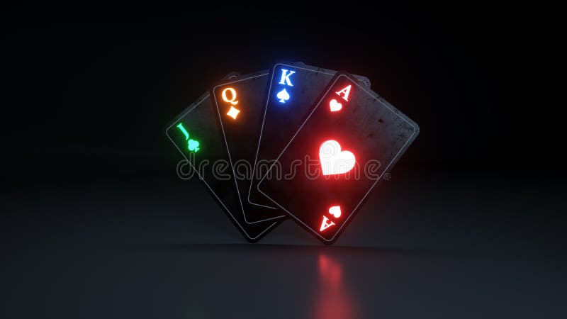 Quattro carte da gioco impilano con le luci al neon futuristiche isolate sui precedenti neri - l'illustrazione 3D illustrazione vettoriale