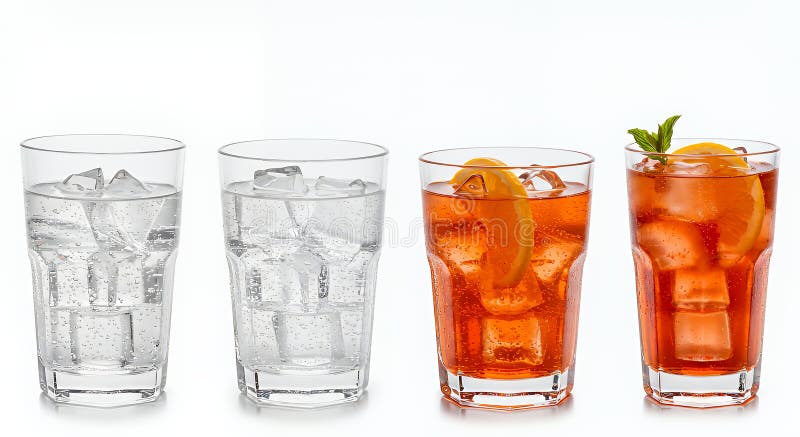 Quattro cocktail classici : Vodka Soda Gin Fizz Aperol Spritz e Paloma in Cancella occhiali su sfondo bianco illustrazione di stock