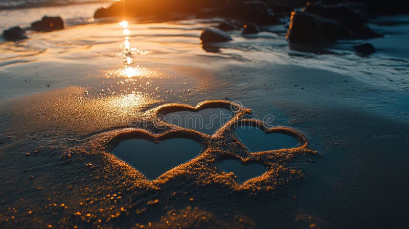 Quattro cuori disegnati nella sabbia al tramonto su una spiaggia illustrazione vettoriale
