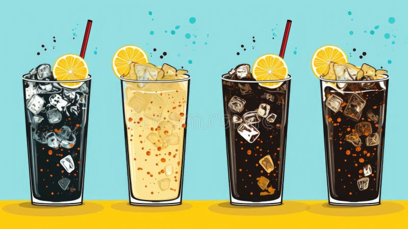 Quattro diversi tipi di bibite di cola con ghiaccio e limone. ai illustrazione vettoriale