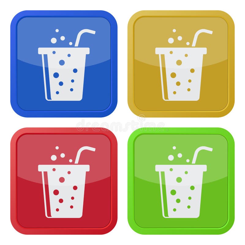 Quattro icone quadrate di colore, bevanda degli alimenti a rapida preparazione e paglia illustrazione vettoriale