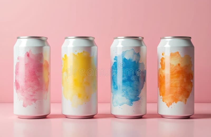 Quattro lattine di alluminio con spruzzature di colore dell'acqua. Le spruzzature di arancia blu giallo rosa sullo sfondo rosa. Mo illustrazione vettoriale