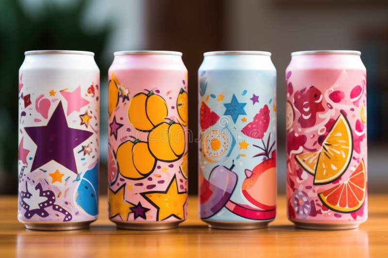 Quattro lattine di diverse bevande colorate con diverse caratteristiche. ai illustrazione di stock