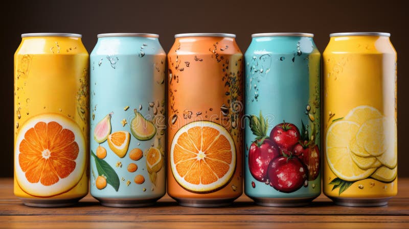 Quattro lattine di soda con frutta e acqua. ai royalty illustrazione gratis