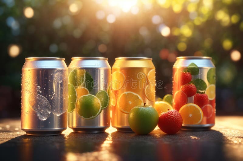 Quattro lattine di soda con frutta e acqua generativa illustrazione vettoriale