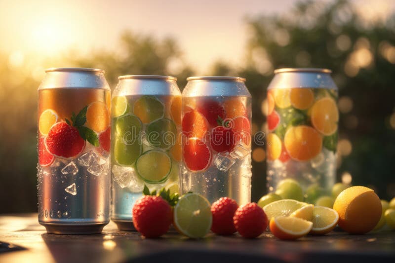 Quattro lattine di soda con frutta e acqua generativa illustrazione vettoriale