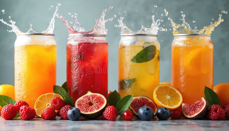Quattro lattine di soda con succo di frutta e vari tipi di frutta come i fichi di bacche di citrus. rinfrescare la bevanda estiva illustrazione vettoriale