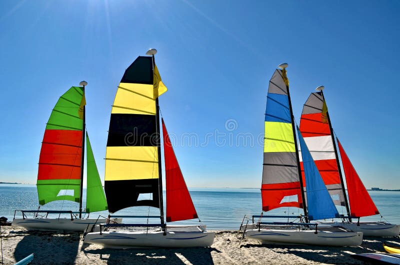 Quattro piccoli catamarani con le vele brillantemente colorate su una spiaggia di Key Biscayne fotografie stock libere da diritti