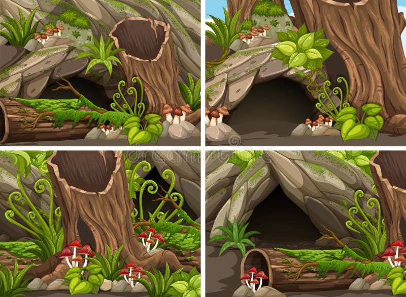 Quattro scene della foresta con il legno e la caverna illustrazione di stock Quattro scene della foresta con il legno e la caverna illustrazione di stock