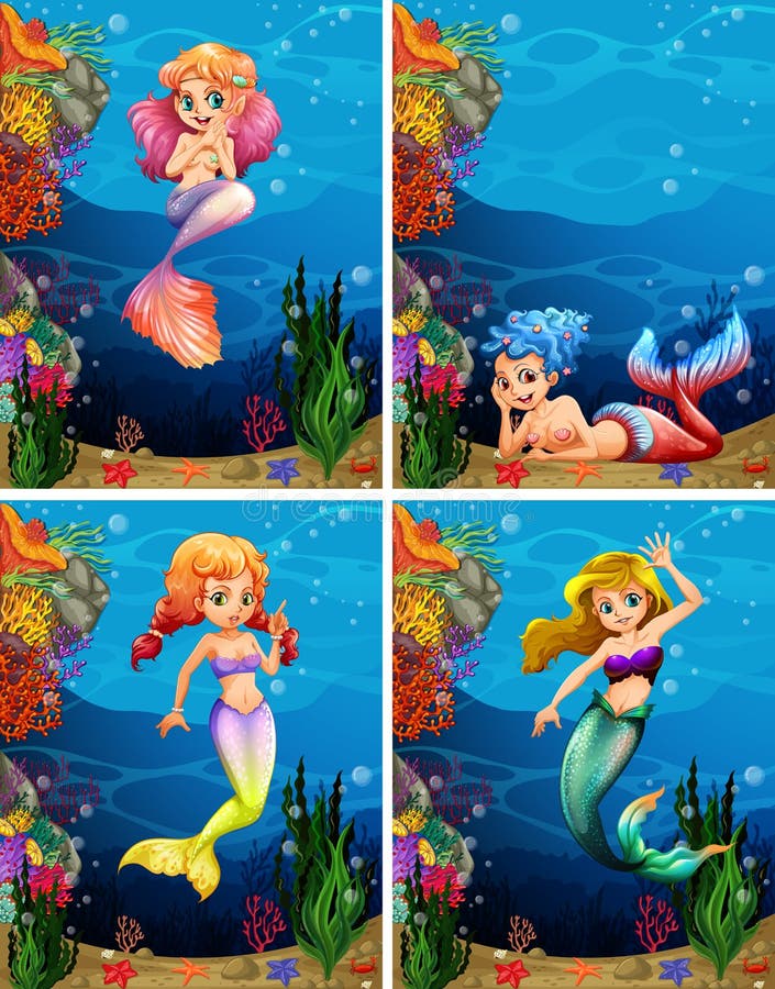 Quattro scene di nuoto della sirena sotto il mare illustrazione vettoriale Quattro scene di nuoto della sirena sotto il mare illustrazione vettoriale