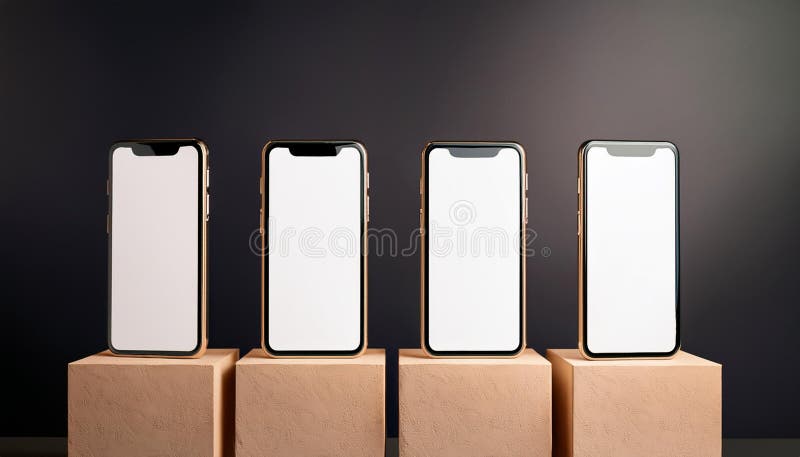 Quattro smartphone moderni con schermi vuoti visualizzati sui blocchi geometrici beige. design minimalista con rendering 3d della royalty illustrazione gratis