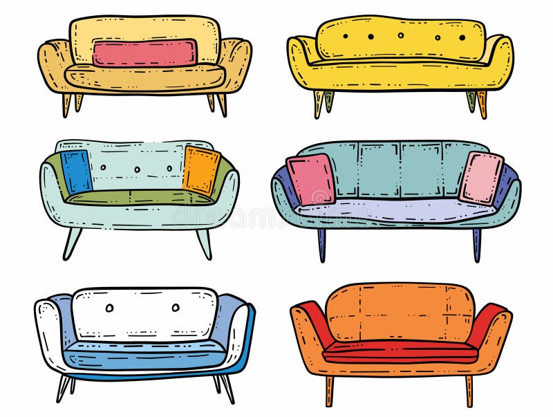 Quattro software a mano colorati per il design dei mobili moderni, decorazioni per case luminose. irascibile illustrazione di stock
