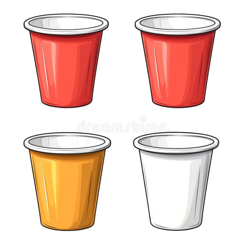 Quattro tazze monouso, di colore rosso arancione e bianco, mostrate su fondo nero illustrazione vettoriale