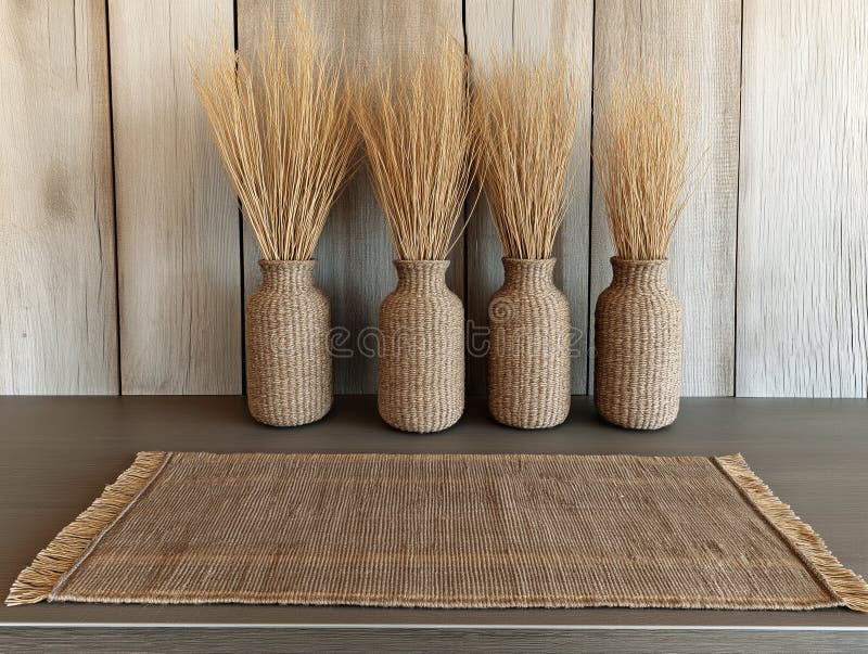 Quattro vasi testurizzati riempiti di steli di frumento essiccati disposti su una superficie di legno rustico royalty illustrazione gratis