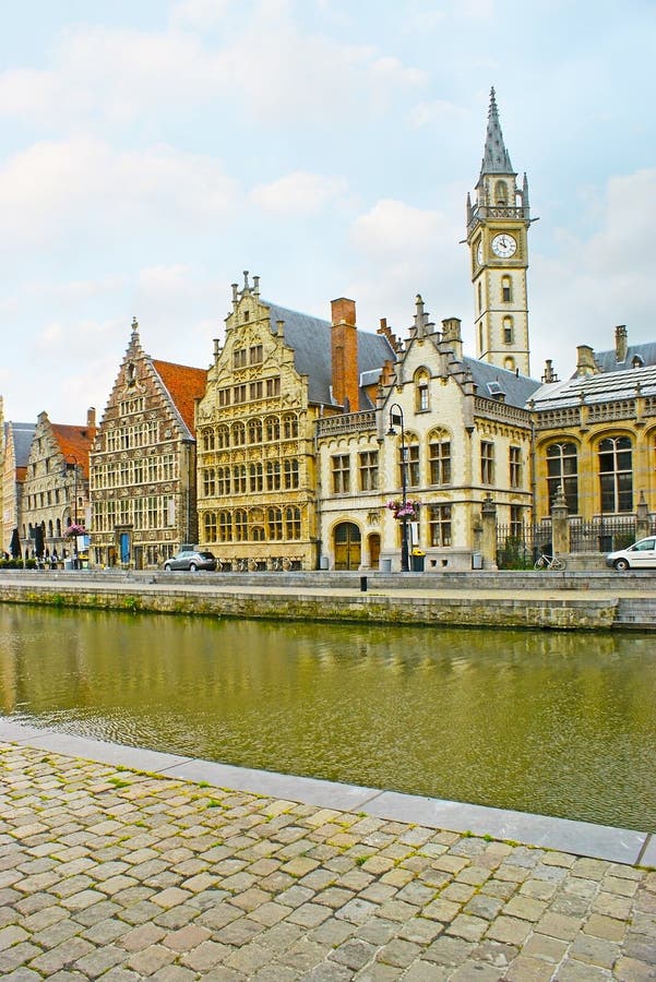 The quay of Leie river stock photo. Image of east, clock - 85372270