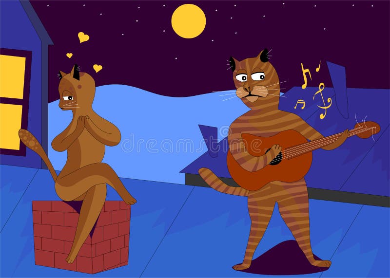Que noite no telhado da construção, o gato joga a guitarra e a canta sua serenata amado, e ama-a que caiu no amor ilustração stock Que noite no telhado da construção, o gato joga a guitarra e a canta sua serenata amado, e ama-a que caiu no amor ilustração stock