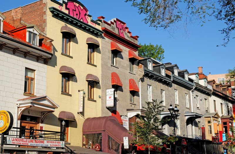 Quebec; Canada- june 25 2018 : Saint Denis street in Montreal. Quebec; Canada- june 25 2018 : the Saint Denis street in Montreal stock photography Quebec; Canada- june 25 2018 : Saint Denis street in Montreal. Quebec; Canada- june 25 2018 : the Saint Denis street in Montreal stock photography