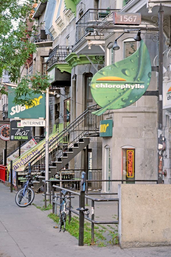Quebec; Canada- june 25 2018 : Saint Denis street in Montreal. Quebec; Canada- june 25 2018 : the Saint Denis street in Montreal royalty free stock photos Quebec; Canada- june 25 2018 : Saint Denis street in Montreal. Quebec; Canada- june 25 2018 : the Saint Denis street in Montreal royalty free stock photos