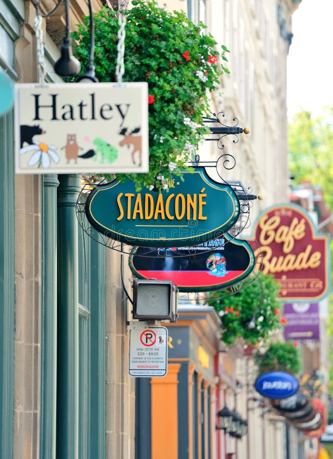 Quebec City Street View. QUEBEC CITY, CANADA - SEP 10: Stores on street on September 10, 2012 in Quebec City, Canada. As the capital of the Canadian province of royalty free stock images Quebec City Street View. QUEBEC CITY, CANADA - SEP 10: Stores on street on September 10, 2012 in Quebec City, Canada. As the capital of the Canadian province of royalty free stock images