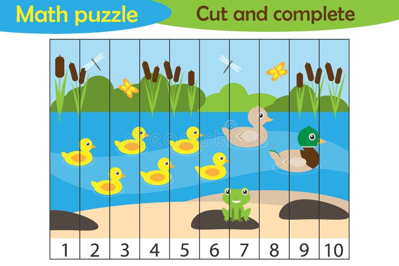Quebra-cabeças de matemática, lagoa com patos no estilo de desenho animado, jogo educacional para o desenvolvimento de crianças ilustração royalty free Quebra-cabeças de matemática, lagoa com patos no estilo de desenho animado, jogo educacional para o desenvolvimento de crianças ilustração royalty free