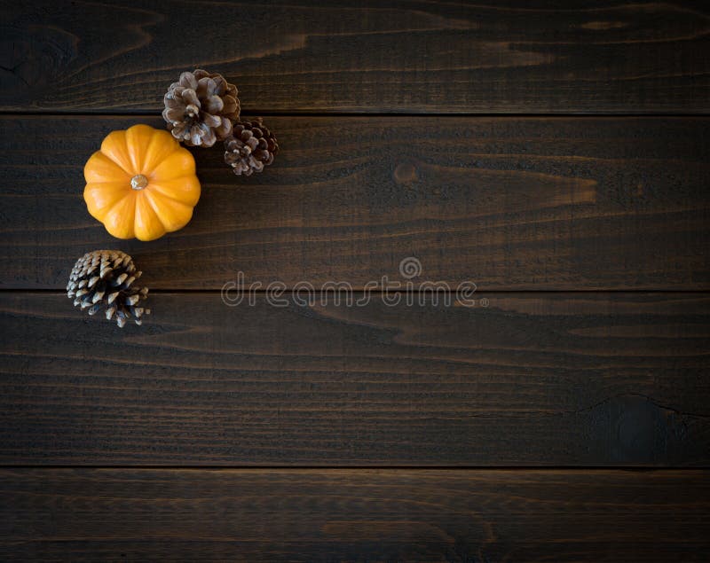 Queda Mini Pumpkin e cones do pinho ainda no cartão minimalista da vida em placas de madeira temperamentais, escuras de Shiplap c fotos de stock Queda Mini Pumpkin e cones do pinho ainda no cartão minimalista da vida em placas de madeira temperamentais, escuras de Shiplap c fotos de stock