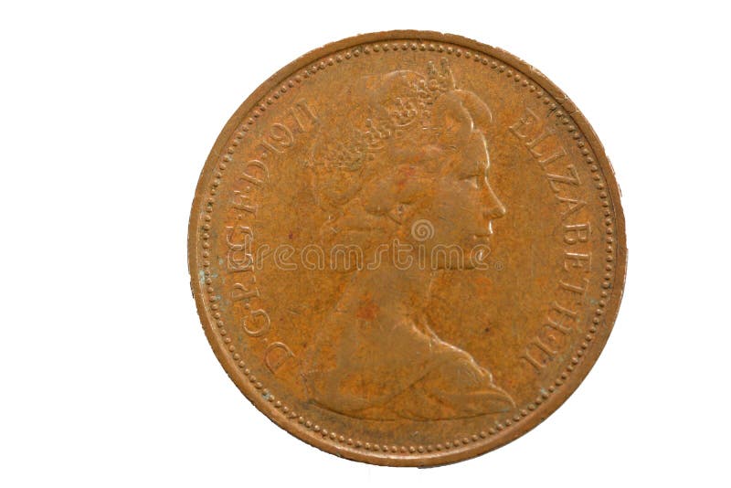 Queen Elizabeth II 2 new pence 1971 bronze coin features a portrait of the queen isolated on white background, Coronetted draped bust of The Queen, right, selective focus