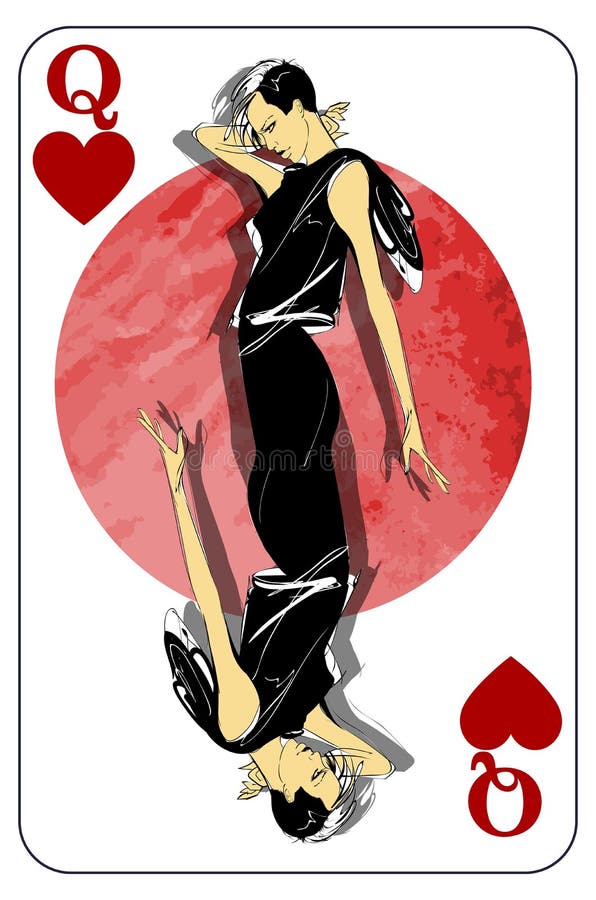 Queen. Playing card with a heart sign. Game queen symbol. Isolated card with a fashionable girl vector illustration
