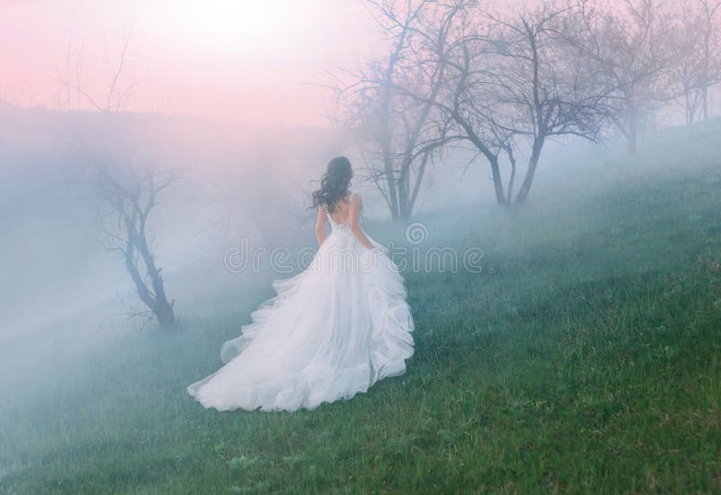 Queen running through the hills in the fog sunset dawn. gown with a bare back.