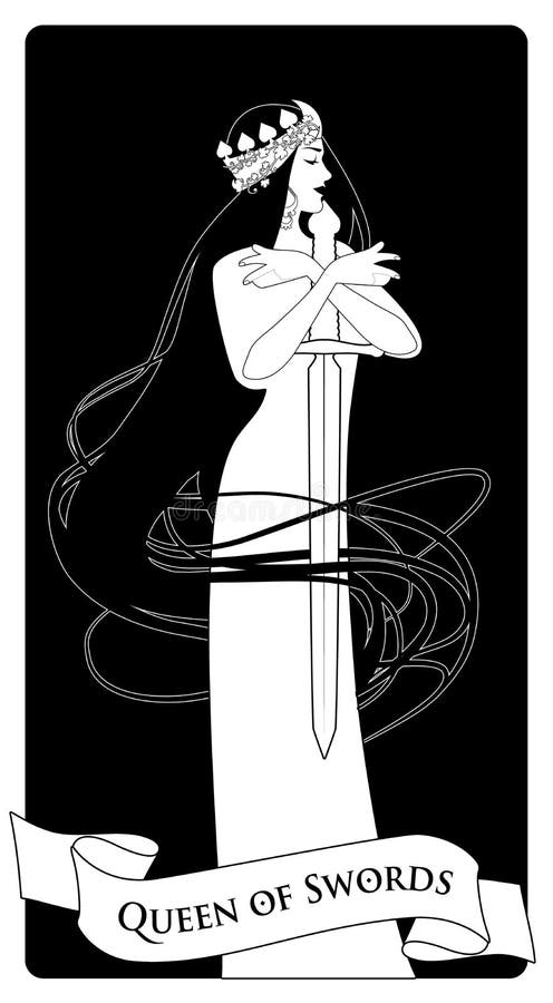 Two of swords. Tarot cards. Wind-haired woman with two swords crossed over  her chest, in the sea under the crescent moon. Stock Vector by  ©LaInspiratriz 294356296