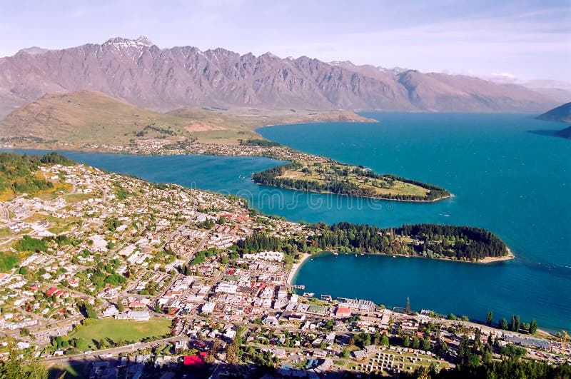 An aerial view of Queenstown, the center of adventure tourism and lake Wakatipu, New Zealand. An aerial view of Queenstown, the center of adventure tourism and lake Wakatipu, New Zealand
