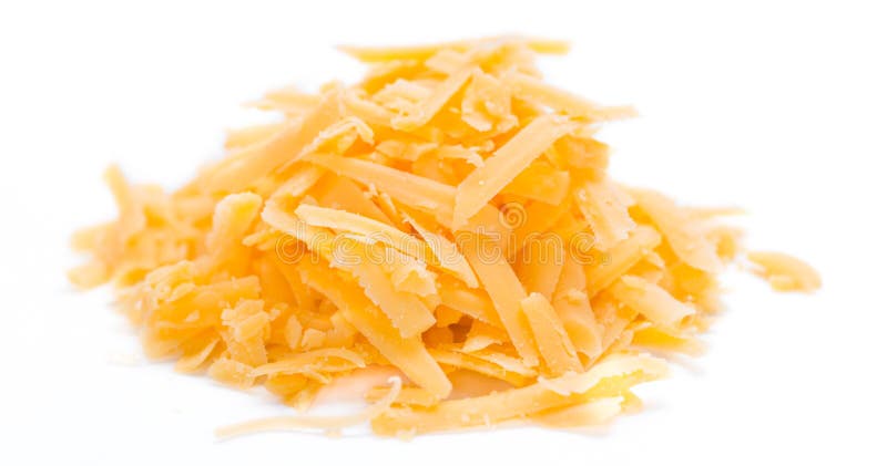 Queijo Cheddar raspado isolado no branco fotografia de stock royalty free Queijo Cheddar raspado isolado no branco fotografia de stock royalty free