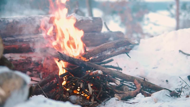 Queimaduras de Campfire na neve do morro da floresta, sobre um fundo de árvores cobertas de neve e montanhas queimando no inverno