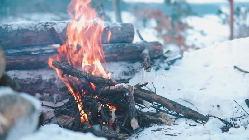 Queimaduras de Campfire na neve do morro da floresta, sobre um fundo de árvores cobertas de neve e montanhas queimando no inverno