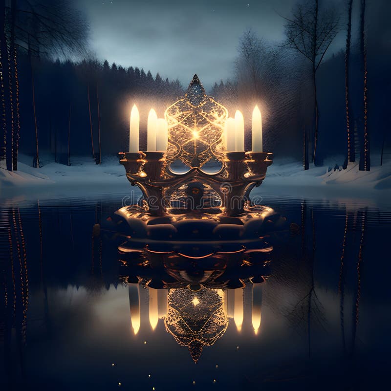 Burning candles on a candlestick, flowing during the night in the forest on a pond, snow all around. Hanukkah as a traditional Jewish holiday. A time of celebration. Burning candles on a candlestick, flowing during the night in the forest on a pond, snow all around. Hanukkah as a traditional Jewish holiday. A time of celebration