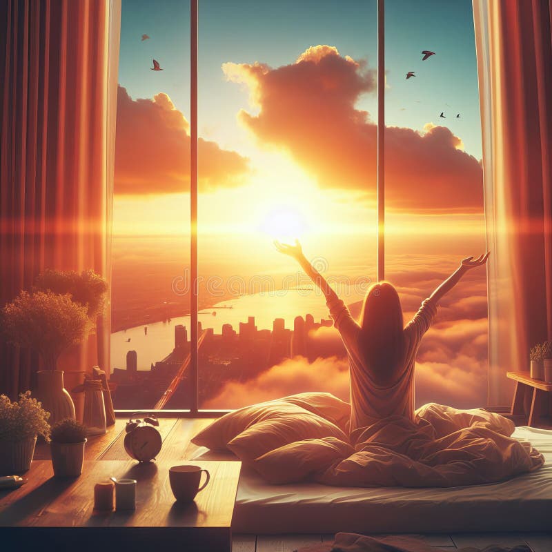 Someone waking up to a beautiful sunrise and feeling refreshed, close up, photo vj. Someone waking up to a beautiful sunrise and feeling refreshed, close up, photo vj