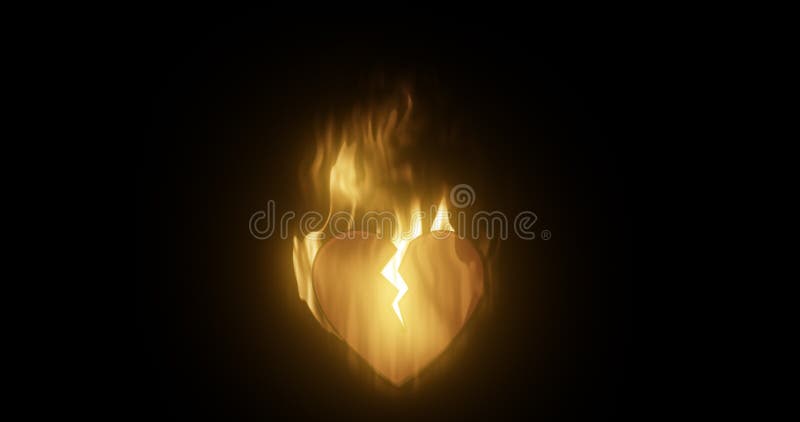 Abstract fiery burning in a flame loving heart broken from love with a crack on a black background. Abstract fiery burning in a flame loving heart broken from love with a crack on a black background