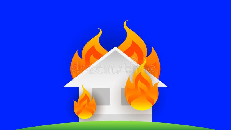 The house fire burn, symbol fire home burn, flame accident, illustration icon danger of flame, house or building damage burn accident and insurance business concept  on blue background. The house fire burn, symbol fire home burn, flame accident, illustration icon danger of flame, house or building damage burn accident and insurance business concept  on blue background