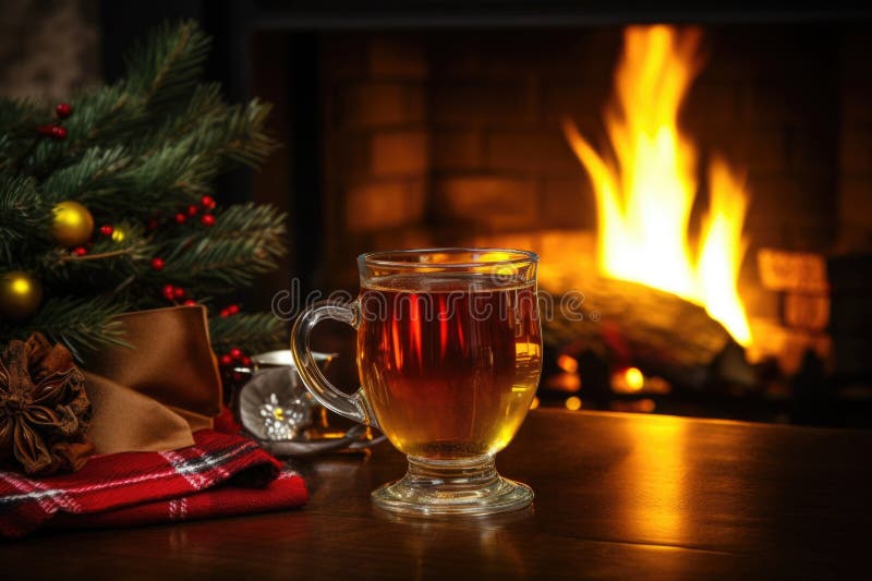 hot toddy by the fireplace with christmas stockings, created with generative ai AI generated. hot toddy by the fireplace with christmas stockings, created with generative ai AI generated
