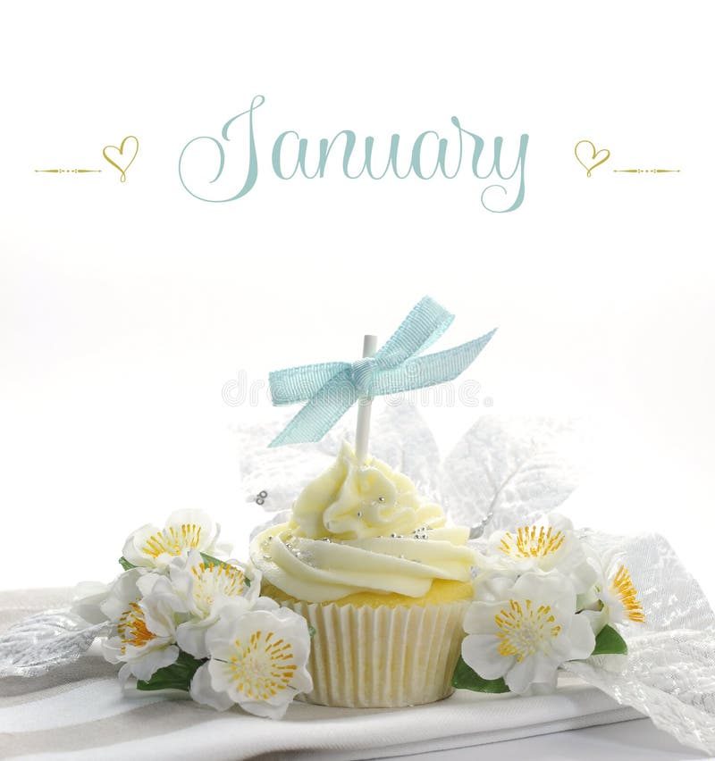 Queque branco bonito do tema da neve com flores e as decorações sazonais para o mês de janeiro