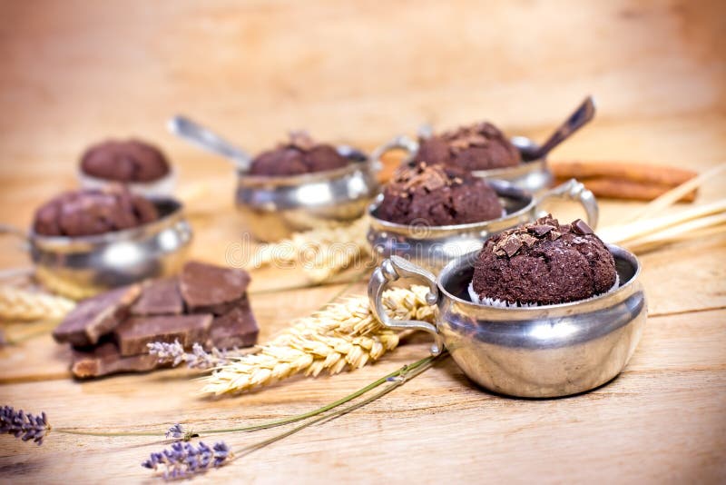 Queques deliciosos - queques do chocolate fotografia de stock royalty free