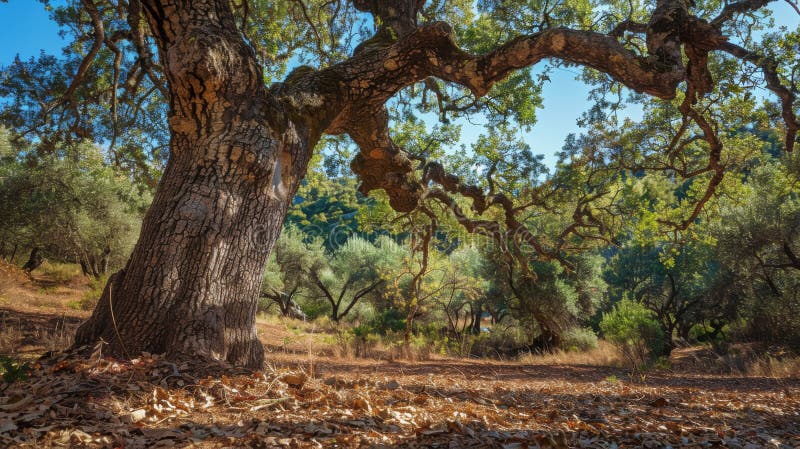 Quercia maestosa di sughero nella foresta mediterranea per manifesti naturali e disegni ecofrizzanti immagine stock
