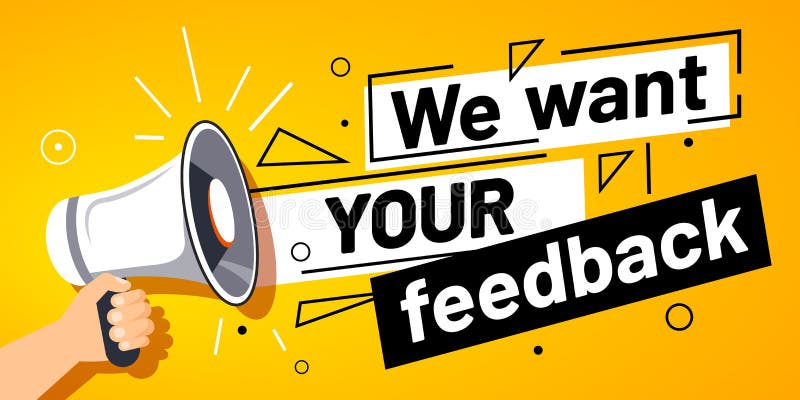 Queremos sus comentarios Servicio de opinión de encuestas de comentarios de clientes, megáfono en la ilustración vectorial de ban