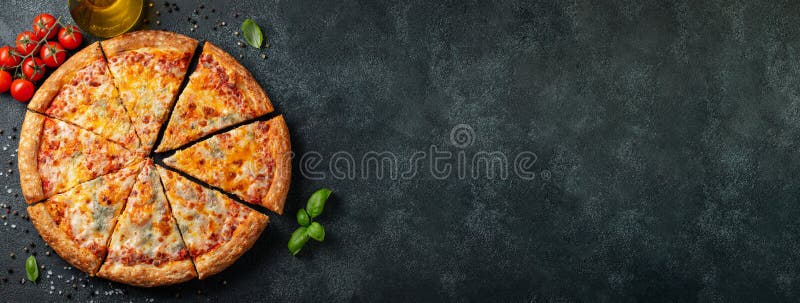 Quesos italianos deliciosos de la pizza cuatro con albahaca, los tomates y el aceite de oliva en una tabla concreta oscura Visión fotos de archivo Quesos italianos deliciosos de la pizza cuatro con albahaca, los tomates y el aceite de oliva en una tabla concreta oscura Visión fotos de archivo