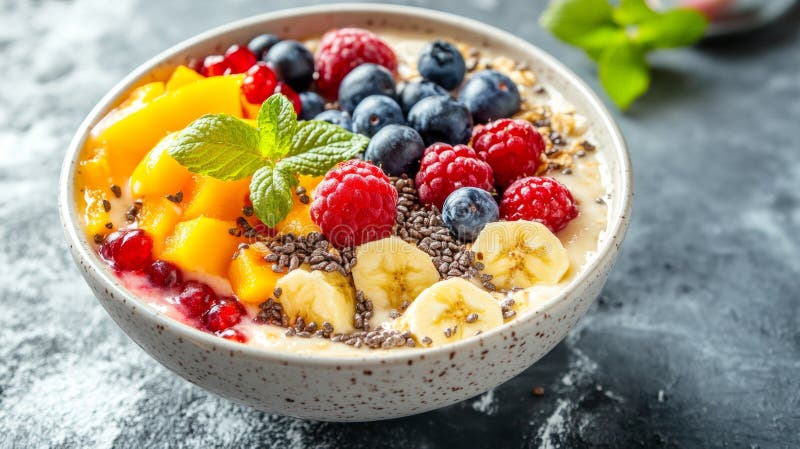 Questa ciotola sana presenta una colorata assortimento di frutta fresca, compresi i mango chunks di mirtilli lamponi e fotografia stock