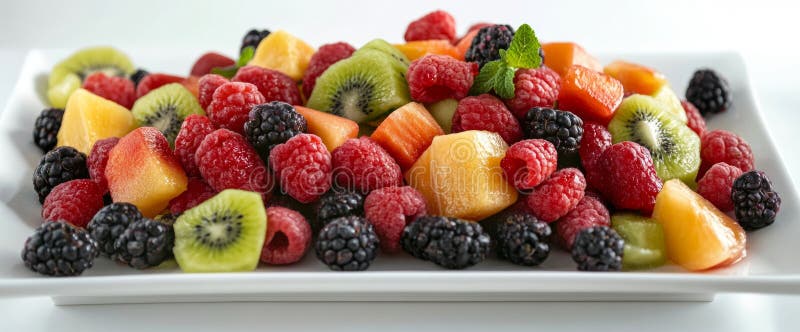 Questa colorata assortimento di frutta fresca comprende lamponi rovponi kiwi e melone. ordinata correttamente fotografia stock libera da diritti