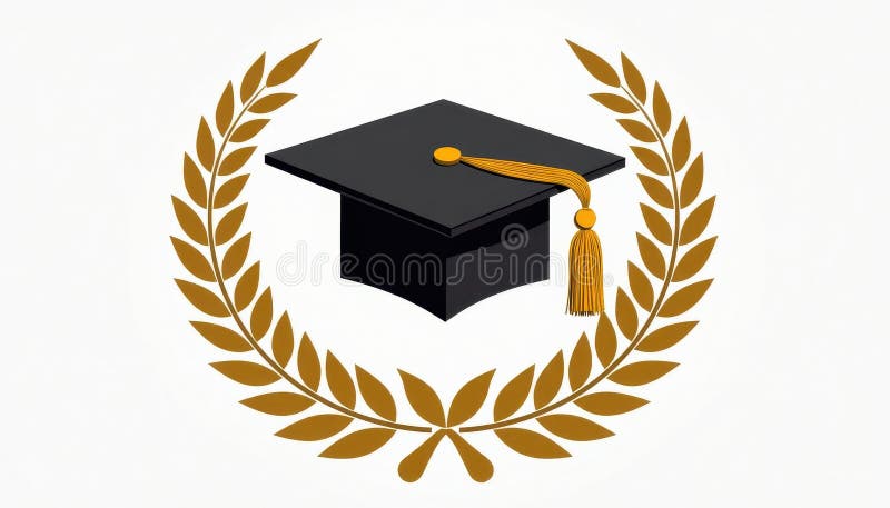 Questa immagine raffigura un cappuccio nero per la graduazione con una nappa d'oro centrata all'interno di una corona dorata di la fotografie stock