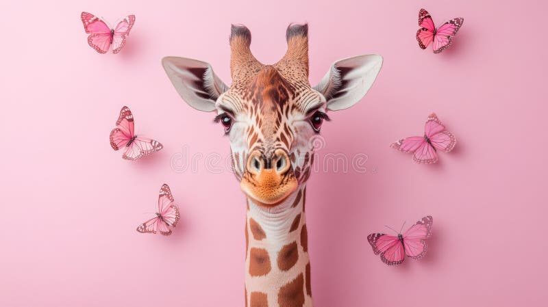 In questa immagine una farfalla si trova in primo piano mentre una giraffa si schiaccia contro uno sfondo di pastello delicato fotografia stock