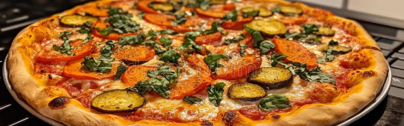 Questa vivace pizza vegetariana mostra una colorata assortimento di verdure fresche, tra cui zucchine e pomodori. immagini stock